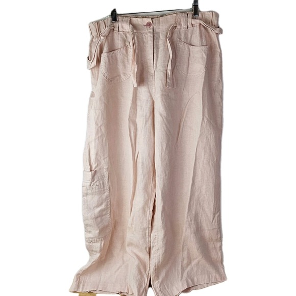 J. Jill Pink Tie Waist 100% Linen Pink Ankle Cargo Pants Trousers Size 14 Travel - Picture 1 of 8